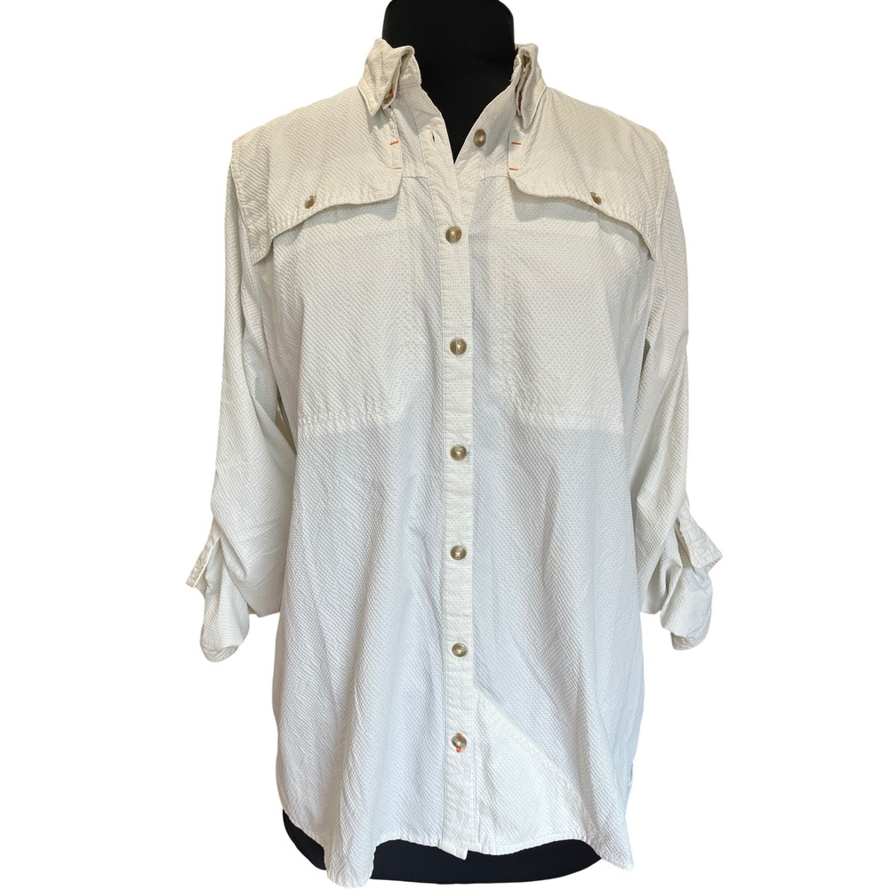 Orvis Womens White Seersucker Long Sleeve Fishing Shirt Ventilated Mesh Back L
